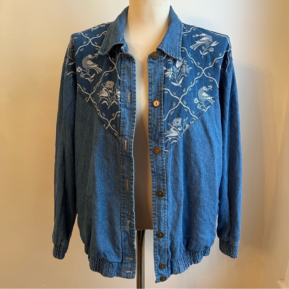 Vintage 90s Teddi Denim Jean Jacket w Embroidered Birds Elastic Size Large